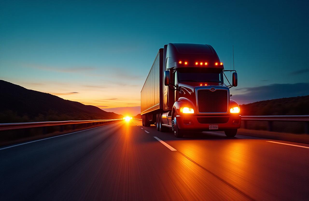 Heavy duty freight truck on the open road during sunset