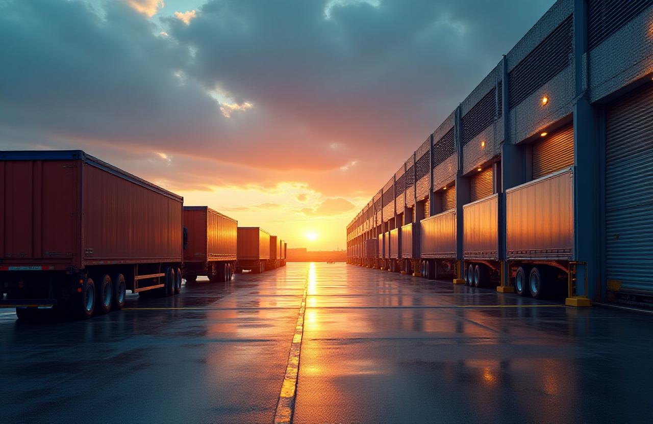 Active warehouse loading dock with freight trucks